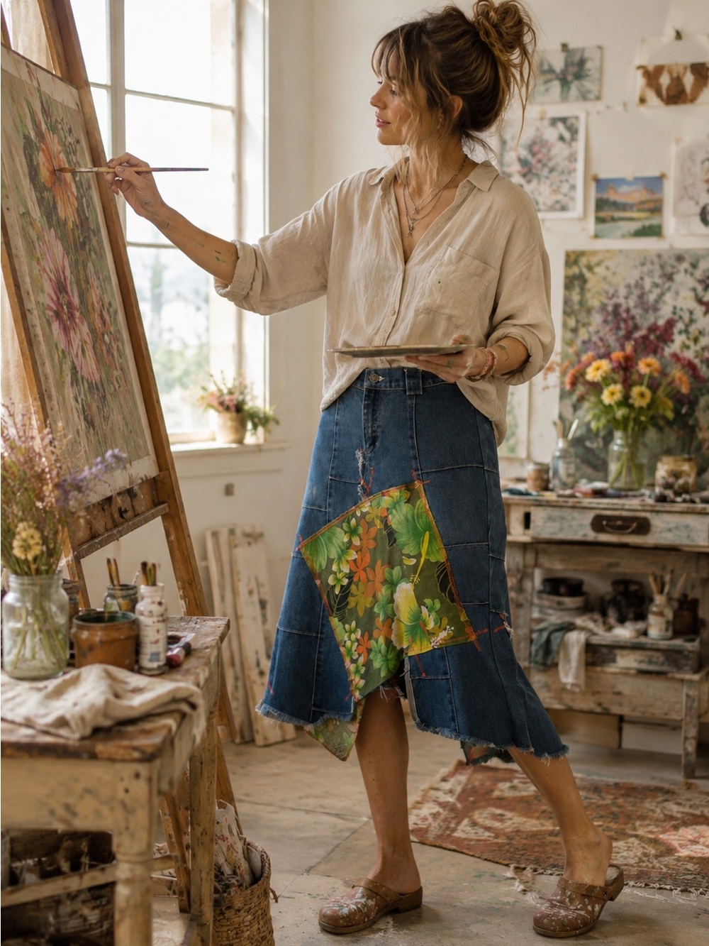 Ragz upcycled Denim Skirt with Floral Patchwork